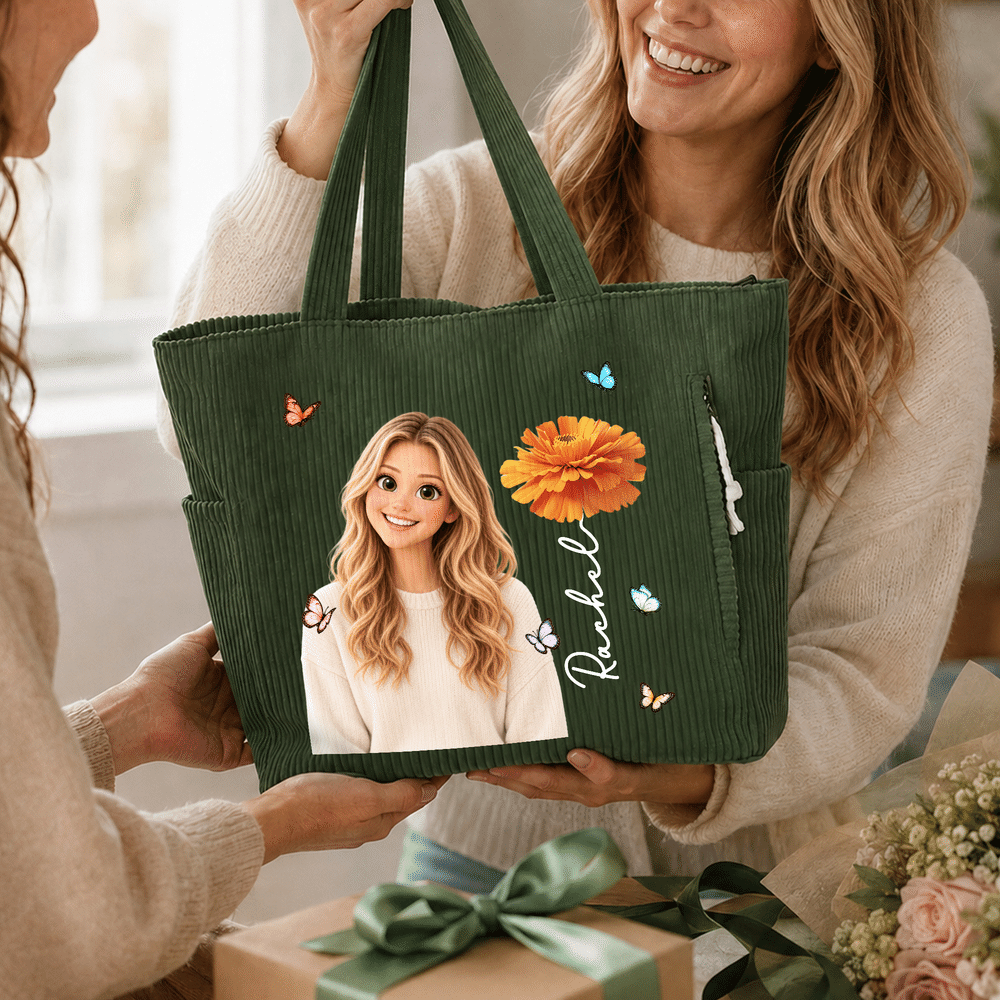 Personalized 3D-Effect Artwork Cartoon Photo Birth Flower Corduroy Tote Bag with Name Daily Use Travel Birthday Gift for Women Friends 5