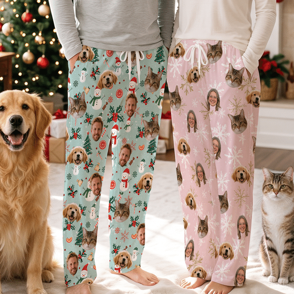 Pantalones de pijama suaves personalizados con fotos de la cara (de 1 a 5) de un muñeco de nieve, Papá Noel y un reno, para uso diario. Regalo de Navidad para niños y la familia.