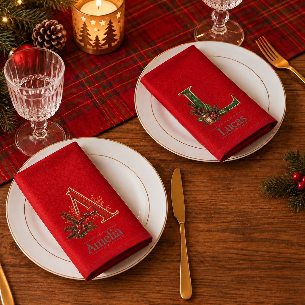 Personalized Christmas Theme Initial 100% Cotton Napkin with Name Table Decor Christmas Gift for Family Friends 3