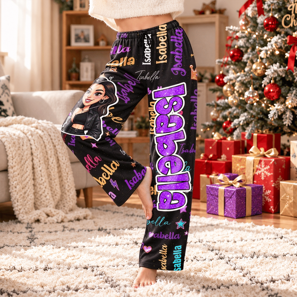Personalised Cartoon Character Photo Word Cloud Soft Pyjama Bottoms with Name Daily Wear Christmas Gift for Kids Family Friends 4