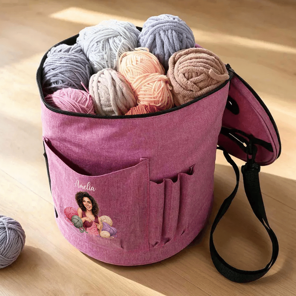Personalised Crochet Character Photo Large Cylindrical Yarn Storage Bag with Name Daily Use Birthday Christmas Gift for Crochet Lovers Women 6