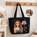 Personalized 3D-Effect Artwork Cartoon Photo Birth Flower Corduroy Tote Bag with Name Daily Use Travel Birthday Gift for Women Friends 6