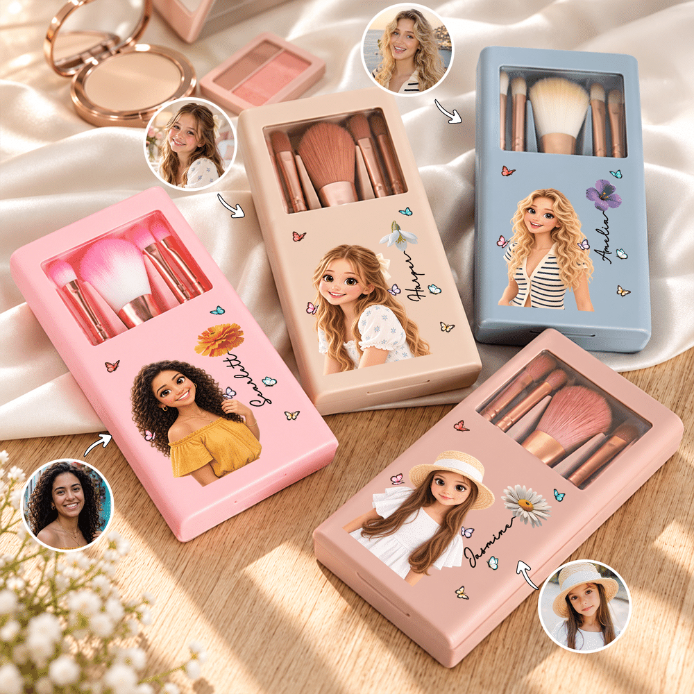 Personalized Birth Flower & Cute Cartoon Photo 5 Pcs Makeup Brush Case Set with Name Birthday Christmas Gift for Girls Women 4