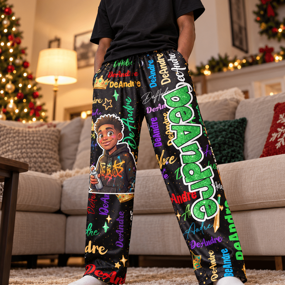 Personalised Cartoon Character Photo Word Cloud Soft Pyjama Bottoms with Name Daily Wear Christmas Gift for Kids Family Friends 6