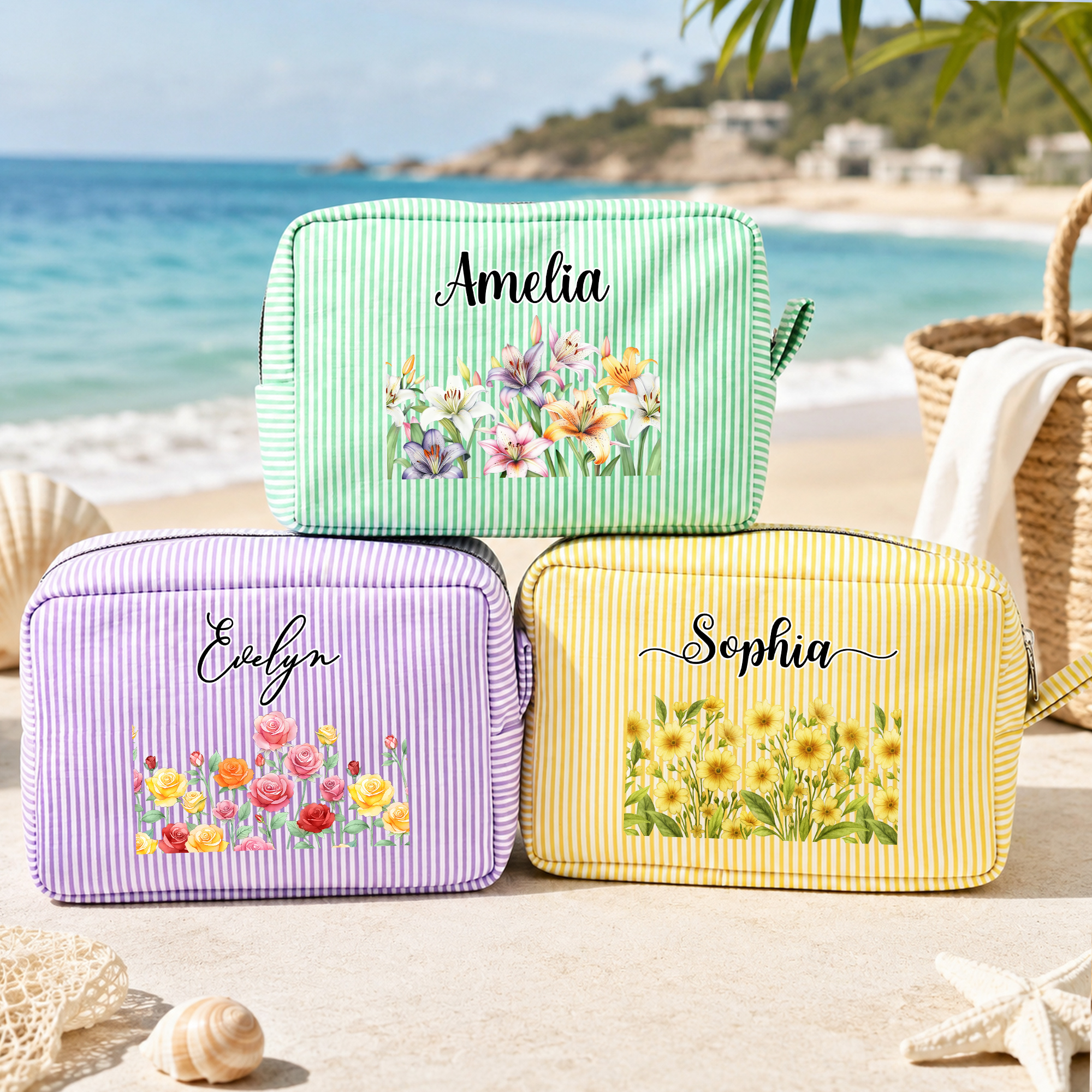 Individuell gestaltete, mehrfarbig gestreifte Kosmetiktasche mit Geburtsblume und Namenszug – praktisches Accessoire für den Alltag und auf Reisen, ideales Geburtstags- oder Weihnachtsgeschenk für Frauen und beste Freundinnen