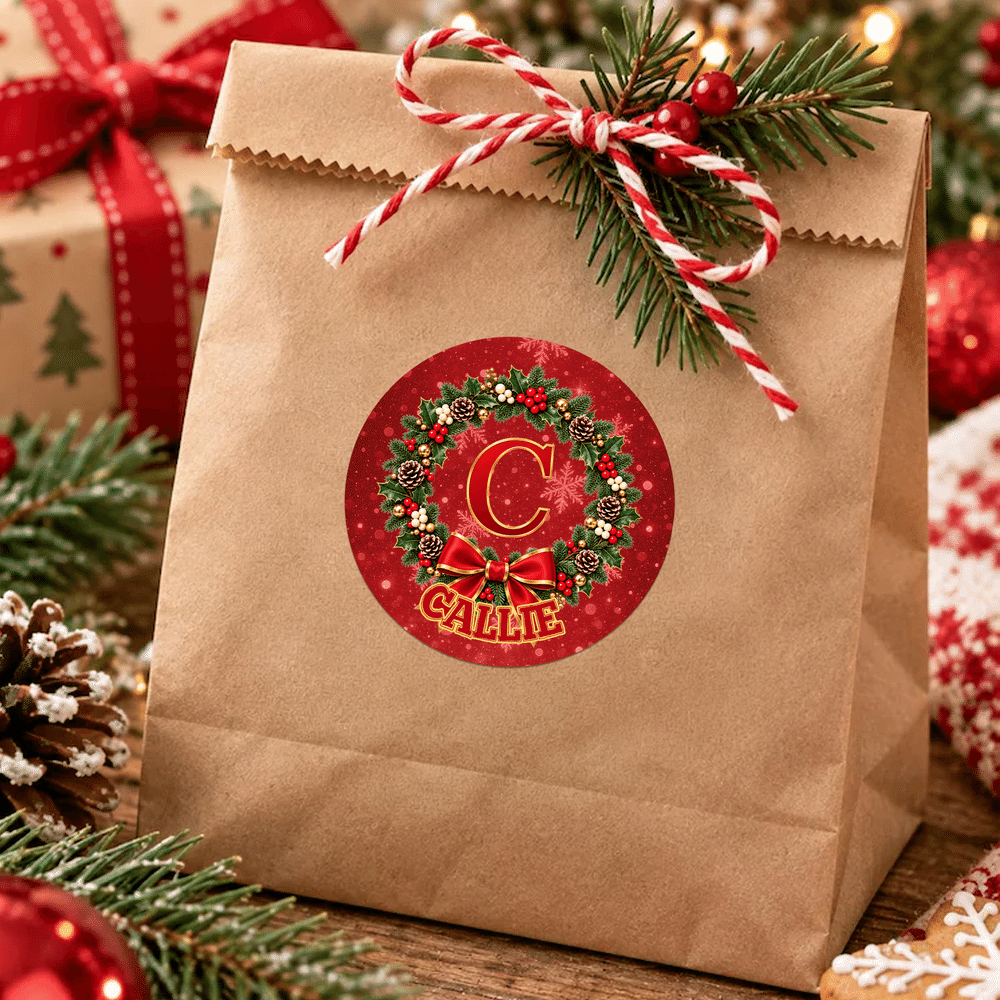 Personalized Christmas Wreath Initial Gift Labels Stickers with Name Holiday Christmas Gift for Family Kids 4
