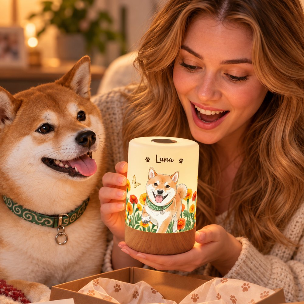 Personalised Hand-Drawn Style Birth Flower Dimmable Touch Night Light with Name and Photo Daily Use Birthday Gift for Pet Lover Friend Woman 4