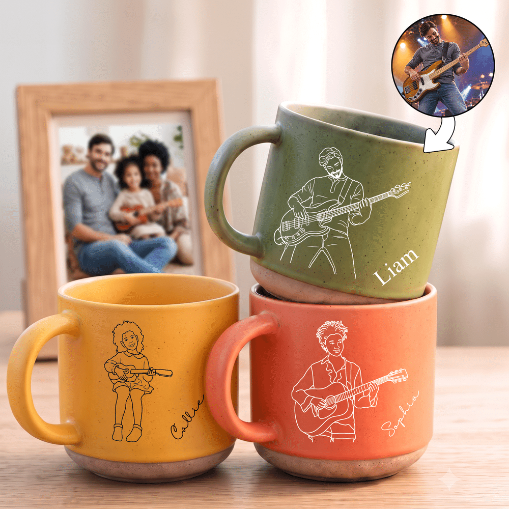 Taza de café de cerámica de 12 oz con asa y nombre grabado, con ilustración personalizada de un músico; ideal para el uso diario como regalo de cumpleaños para un amigo músico 4