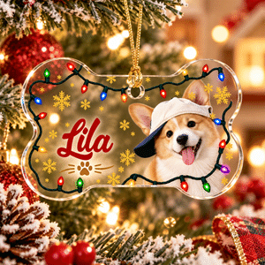 Personalised Christmas String Light Bone Shape Acrylic Ornament with Photo and Name Christmas Tree Decor Holiday Gift for Pet Owners