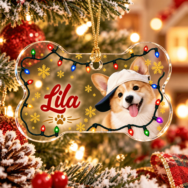 Personalised Christmas String Light Bone Shape Acrylic Ornament with Photo and Name Christmas Tree Decor Holiday Gift for Pet Owners