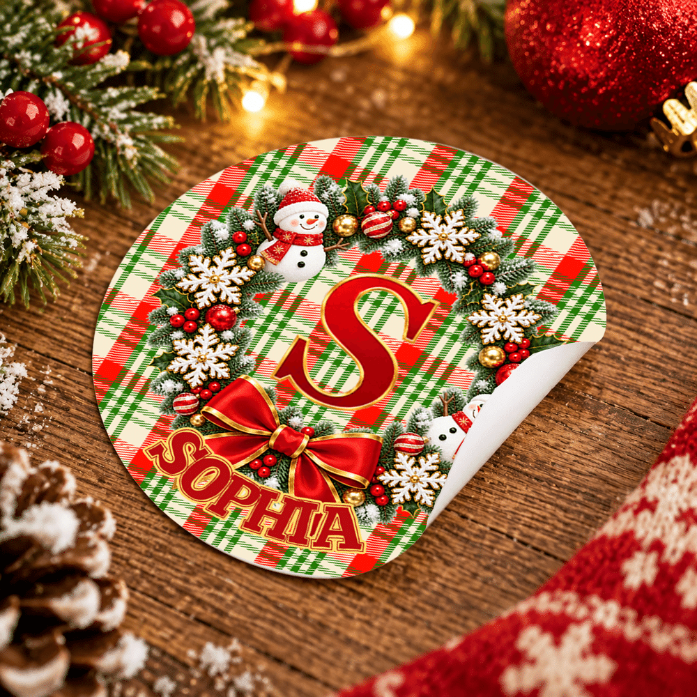 Personalized Christmas Wreath Initial Gift Labels Stickers with Name Holiday Christmas Gift for Family Kids 7