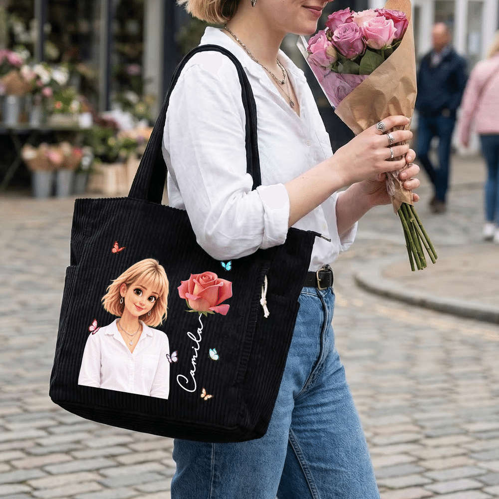 Personalized 3D-Effect Artwork Cartoon Photo Birth Flower Corduroy Tote Bag with Name Daily Use Travel Birthday Gift for Women Friends 4
