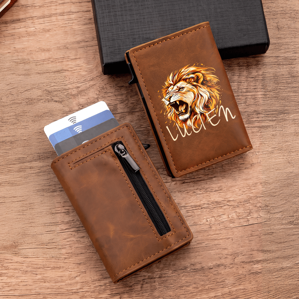 Personalized 3D-Effect Artwork Lion PU Leather RFID Blocking Pop Up Wallet with Name and Gift Box Business Trip Christmas Gift for Man 4