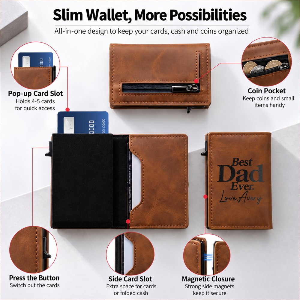 Personalised Best Dad Ever PU Leather Pop Up Wallet with Text and RFID Card Holder Christmas Birthday Gift for Dad 7
