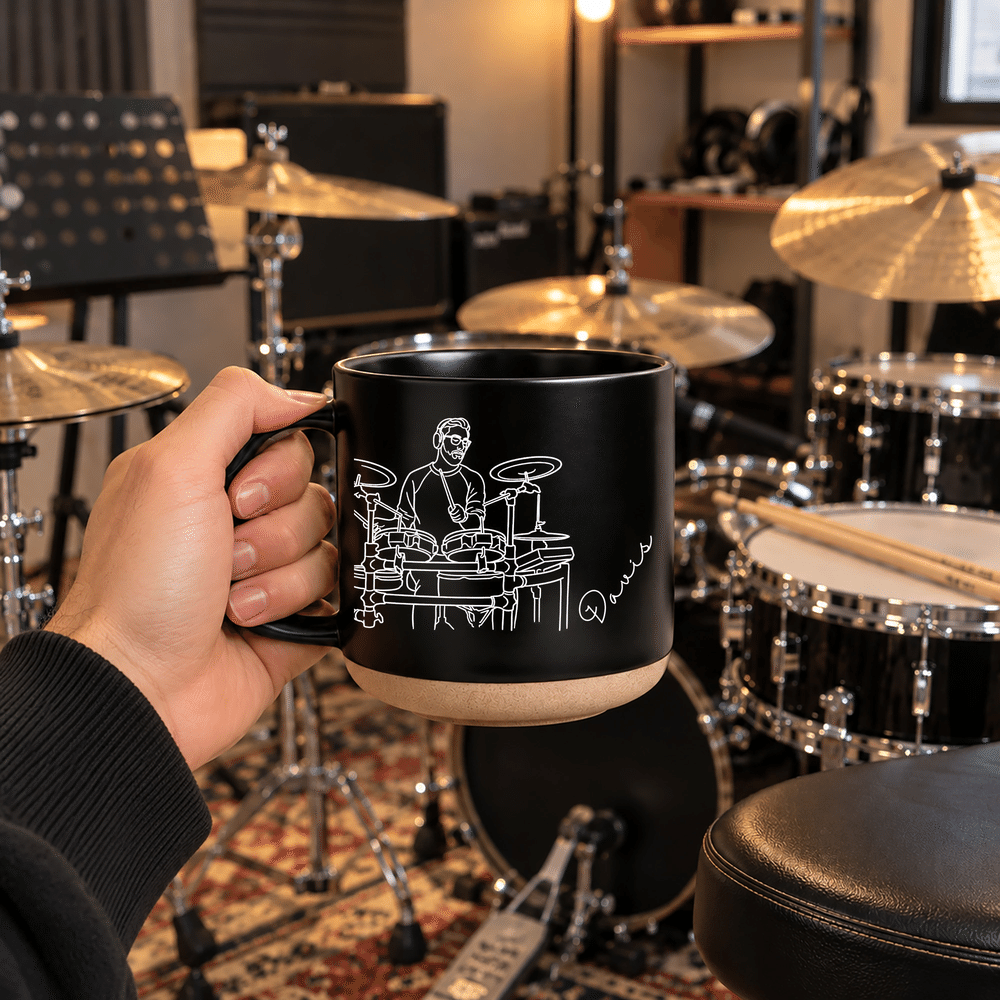 Taza de café de cerámica de 12 oz con asa y nombre grabado, con ilustración personalizada de un músico; ideal para el uso diario como regalo de cumpleaños para un amigo músico 6