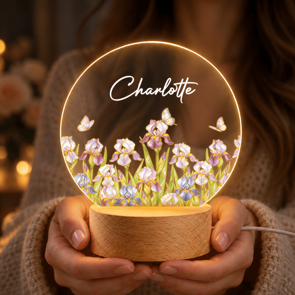 Veilleuse LED en acrylique personnalisée, style « Pearl », avec fleur de naissance, prénom et socle en bois – Décoration d'intérieur, cadeau de Noël pour femme 5
