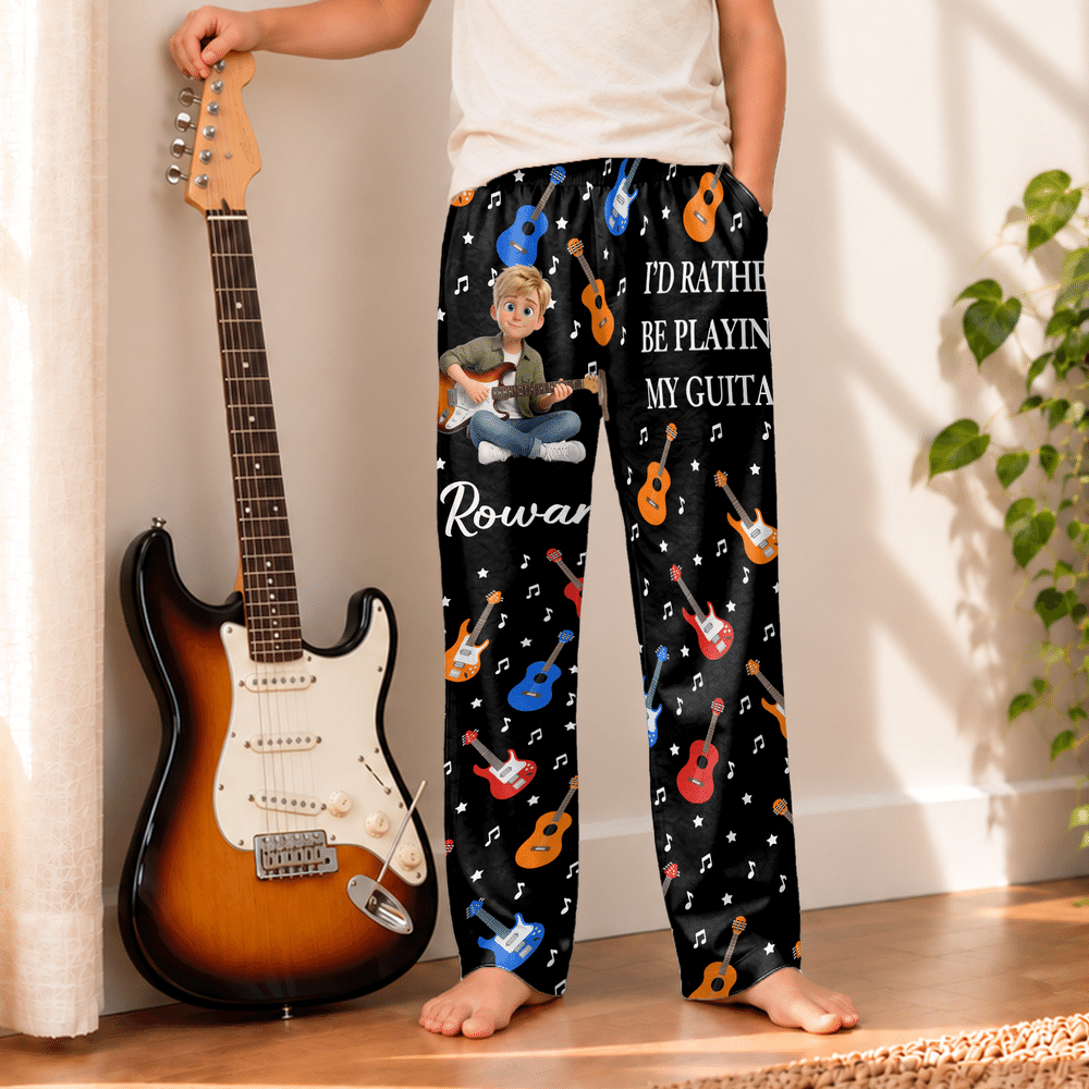 Personalised Guitar Theme Musical Note Cartoon Photo Character Soft Drawstring Pyjama Pants with Name Daily Wear Birthday Gift for Guitarist 2