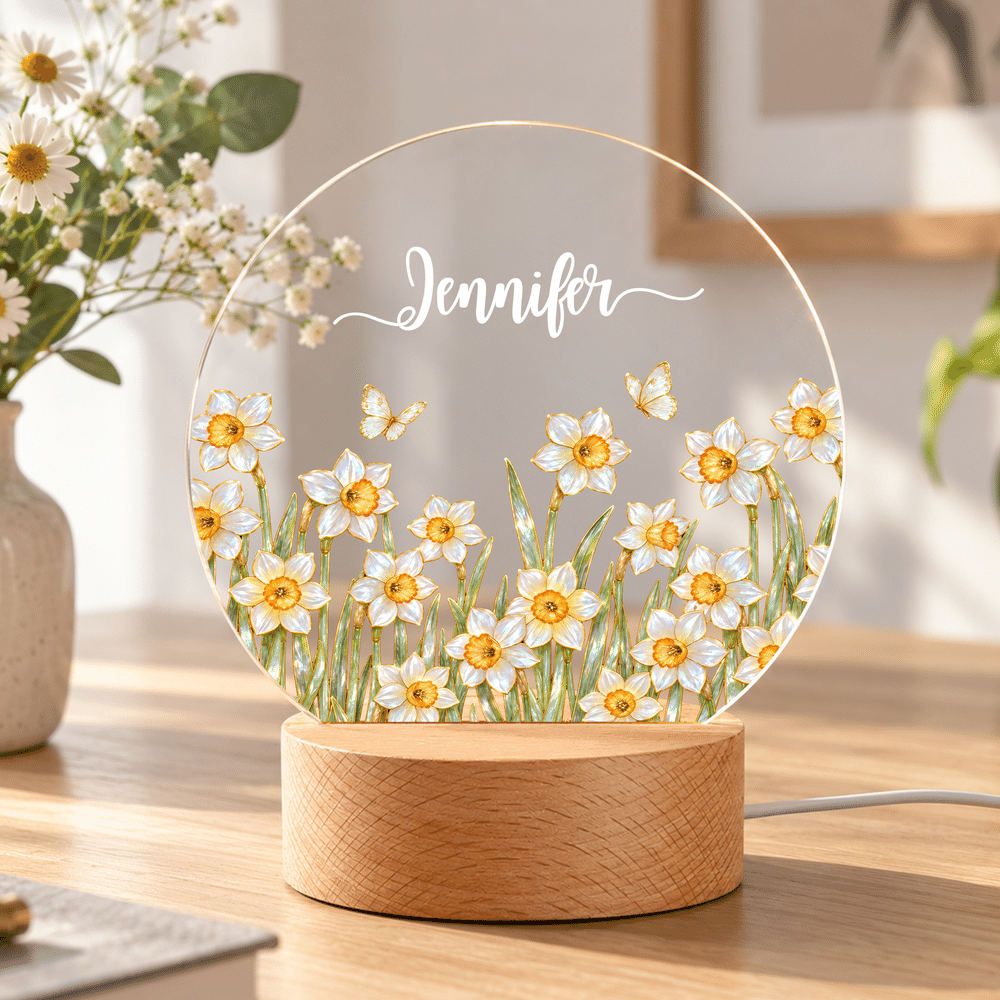 Veilleuse LED en acrylique personnalisée, style « Pearl », avec fleur de naissance, prénom et socle en bois – Décoration d'intérieur, cadeau de Noël pour femme 2