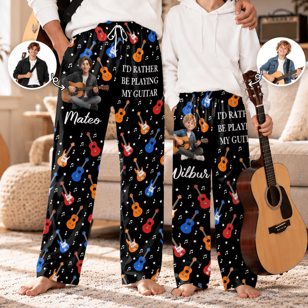 Personalised Guitar Theme Musical Note Cartoon Photo Character Soft Drawstring Pyjama Pants with Name Daily Wear Birthday Gift for Guitarist