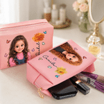 Personalised Birth Flower & Cute Cartoon Photo PU Leather Makeup Bag with Name Daily Use Birthday Christmas Gift for Women 7