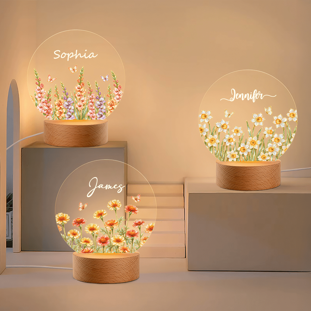 Veilleuse LED en acrylique personnalisée, style « Pearl », avec fleur de naissance, prénom et socle en bois – Décoration d'intérieur, cadeau de Noël pour femme 6