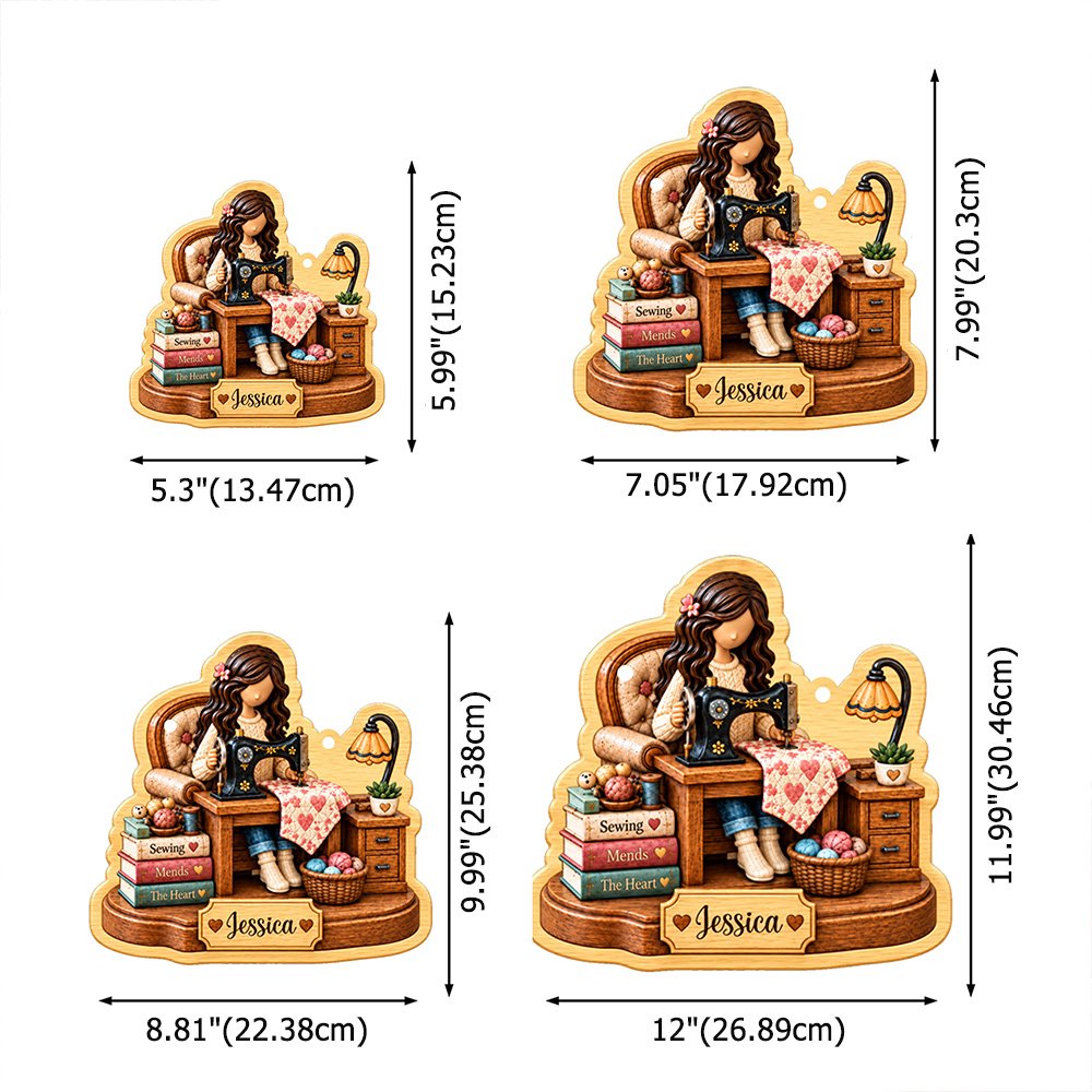 Personalized Cartoon Sewing Girl Character Wood Ornament with Name Tree Decor Christmas Gift for Sewing Lover Woman 8