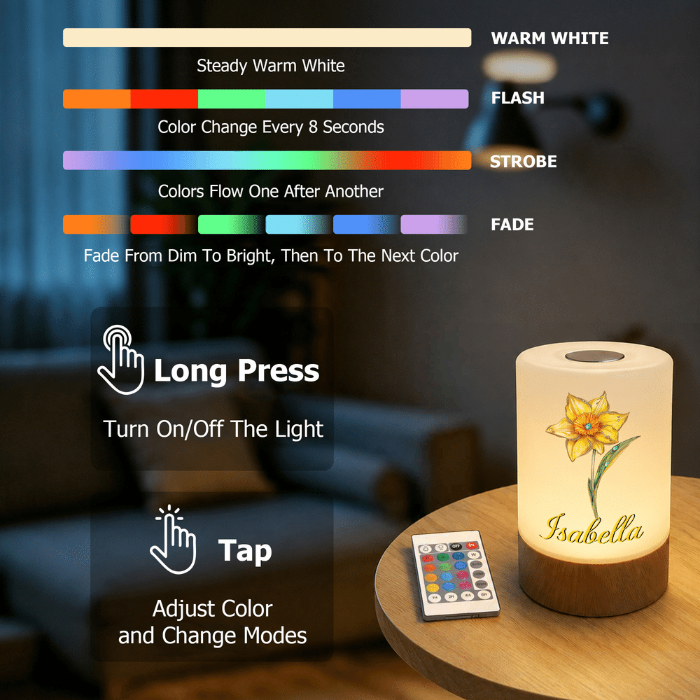Personalized Birth Flower Dimmable Touch Control LED Night Light with Name Bedroom Decor Birthday Gift for Mother Friend 9