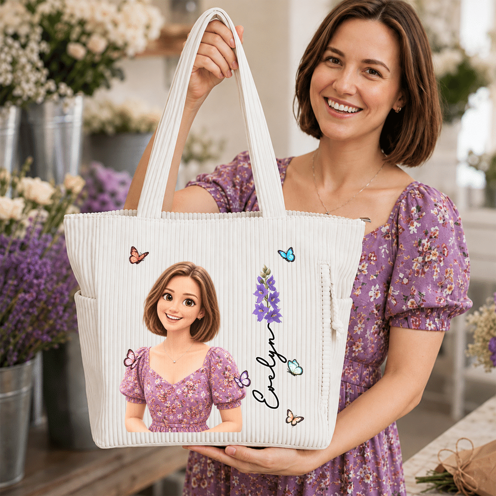 Personalized 3D-Effect Artwork Cartoon Photo Birth Flower Corduroy Tote Bag with Name Daily Use Travel Birthday Gift for Women Friends 3