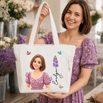 Personalized 3D-Effect Artwork Cartoon Photo Birth Flower Corduroy Tote Bag with Name Daily Use Travel Birthday Gift for Women Friends 3