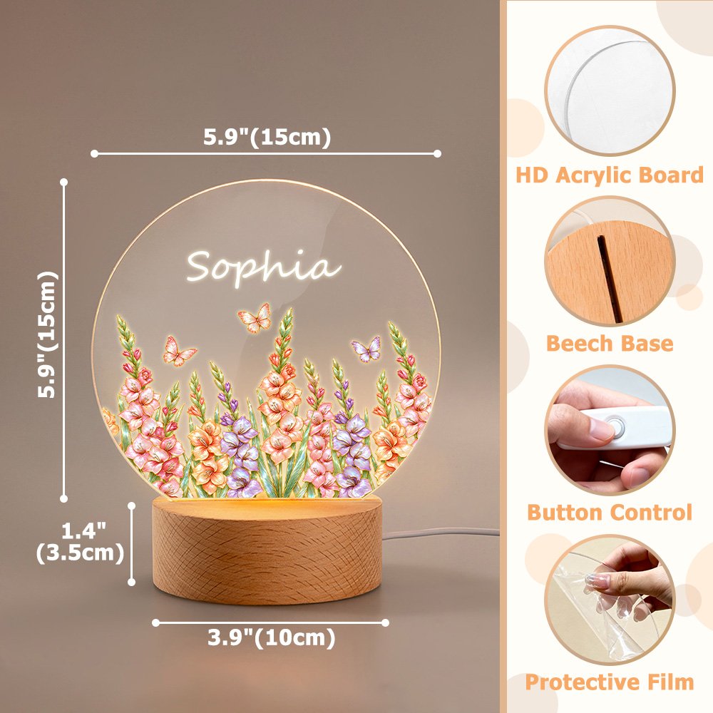 Veilleuse LED en acrylique personnalisée, style « Pearl », avec fleur de naissance, prénom et socle en bois – Décoration d'intérieur, cadeau de Noël pour femme 10