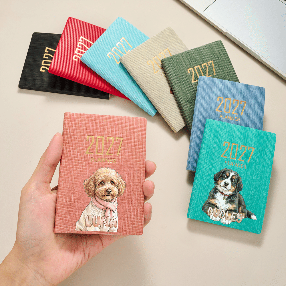 Personalised Watercolor Style Pet Photo Mini 2027 Planner Journal Notebook with Name and Weekly Monthly Planner Pages Christmas Gift for Pet Owner 2