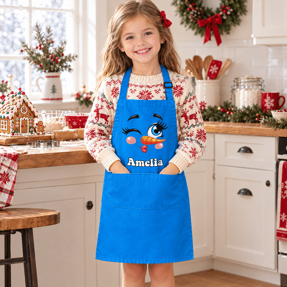 Personalized Christmas Theme Facial Expression Kid Baking Apron Chef Hat Set with Name and Pocket Kitchen Accessory Daily Use Christmas Gift for Kid 3
