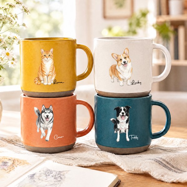 Personalised Watercolor Pet Portrait Ceramic Coffee Mug with Name Daily Use Birthday Gift for Pet Owners Lovers