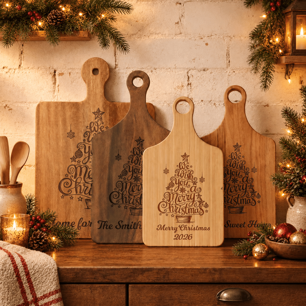 Personalized Christmas Tree Design Reversible Wooden Charcuterie Cutting Board with Handle and Text Housewarming Christmas Gift for Family Friends 6