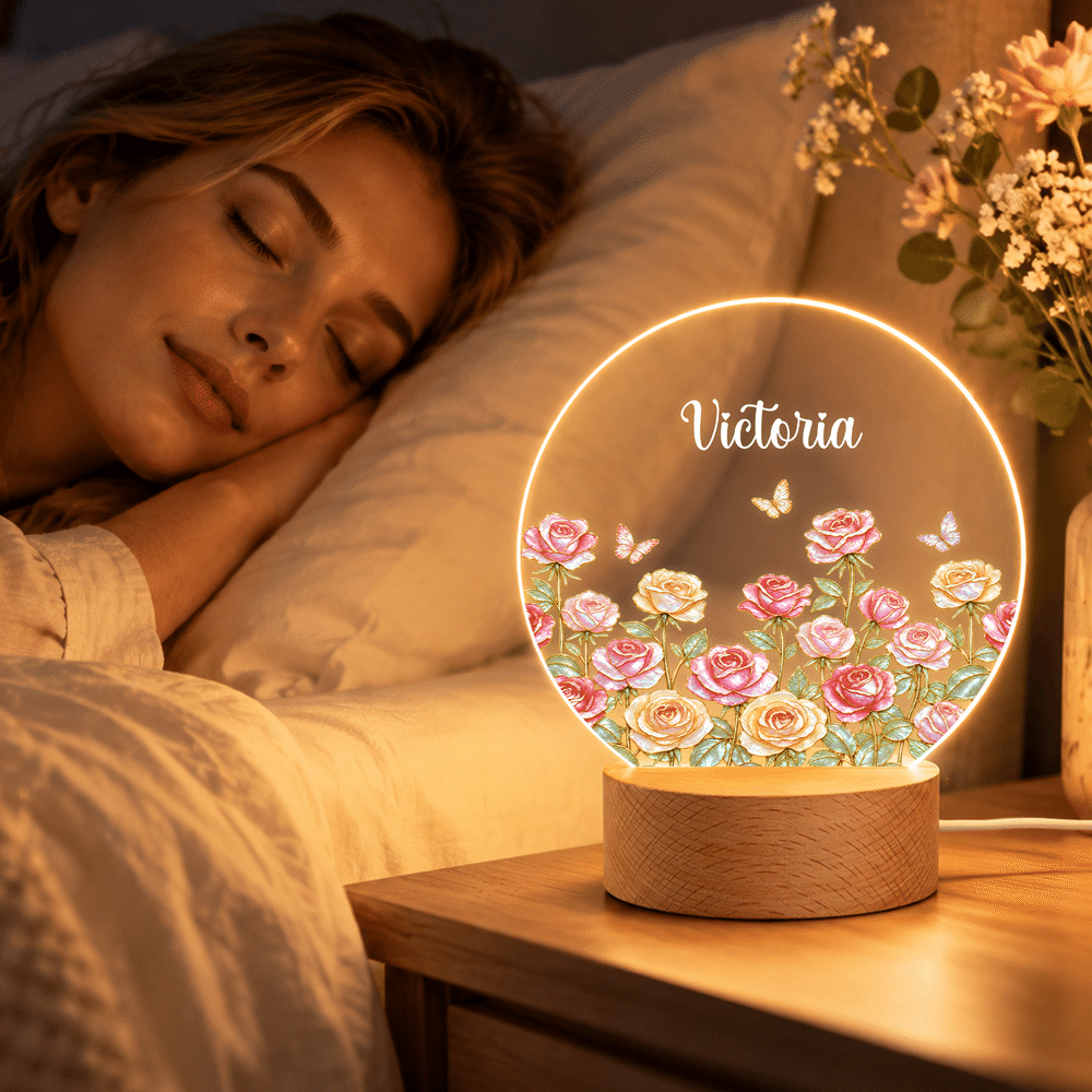 Veilleuse LED en acrylique personnalisée, style « Pearl », avec fleur de naissance, prénom et socle en bois – Décoration d'intérieur, cadeau de Noël pour femme 3