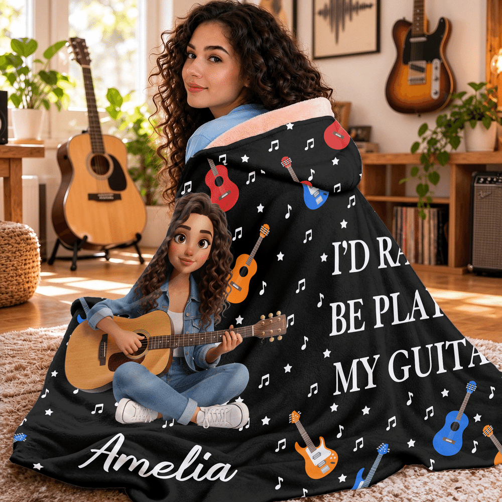 Personalized 3D-Style Art Cartoon Guitarist Photo Soft Hooded Blanket with Name Birthday Christmas Gift for Guitarist Music Lover 5