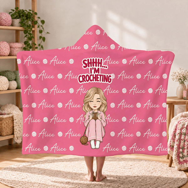 Personalized Multicolor Knitted Cartoon Character Hooded Blanket with Name Home Decor Birthday Travel Holiday Gift for Knitting Lovers Friends