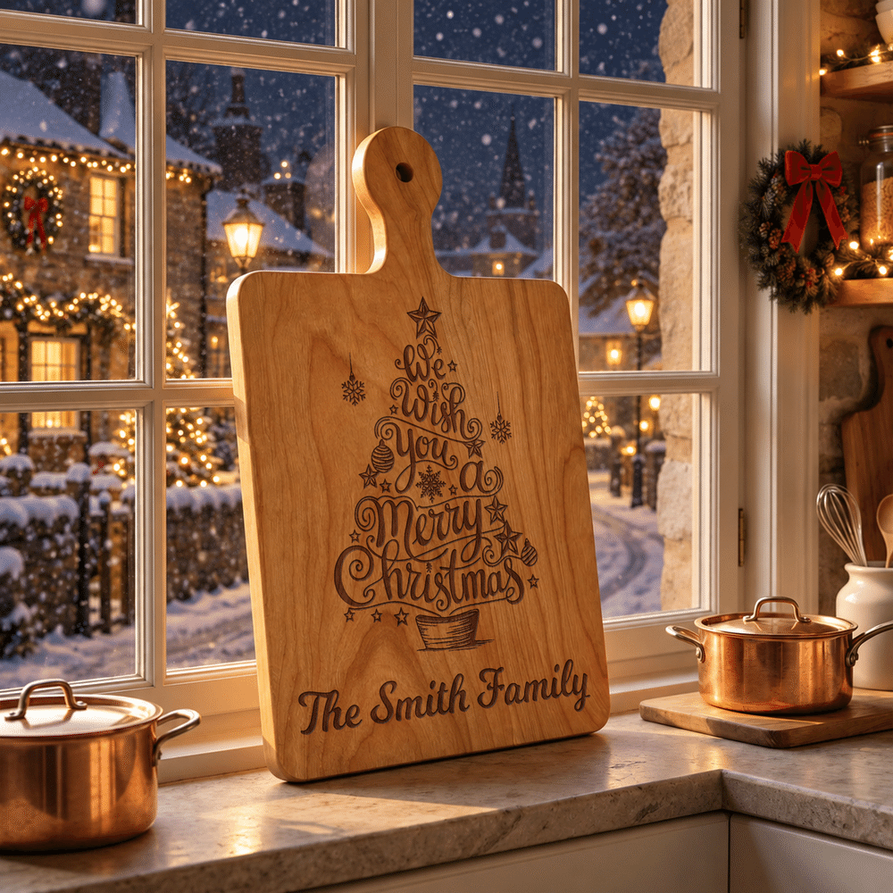 Personalized Christmas Tree Design Reversible Wooden Charcuterie Cutting Board with Handle and Text Housewarming Christmas Gift for Family Friends 2