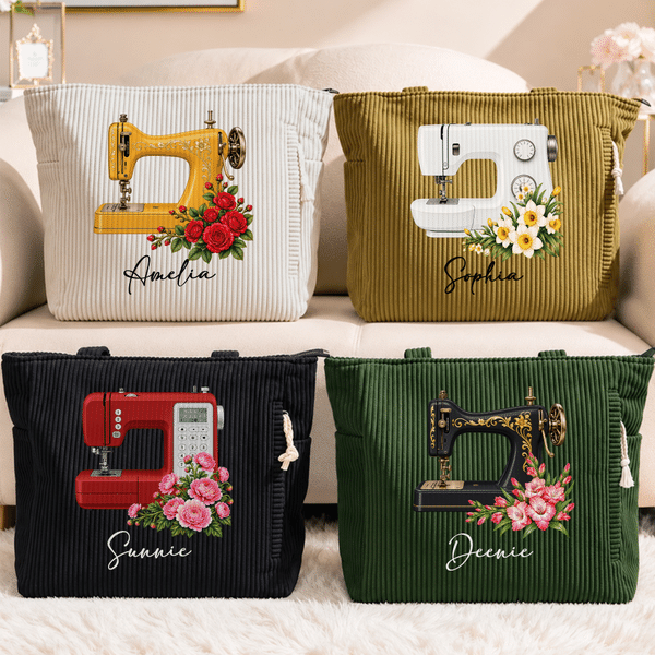 Personalized Vintage Sewing Machine Birth Flower Corduroy Tote Bag with Name Daily Use Birthday Gift for Sewing Lovers Women