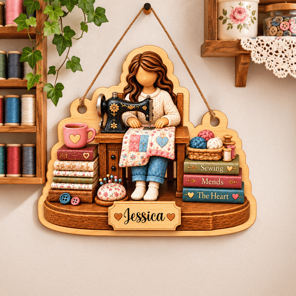 Personalized Cartoon Sewing Girl Character Wood Ornament with Name Tree Decor Christmas Gift for Sewing Lover Woman 5