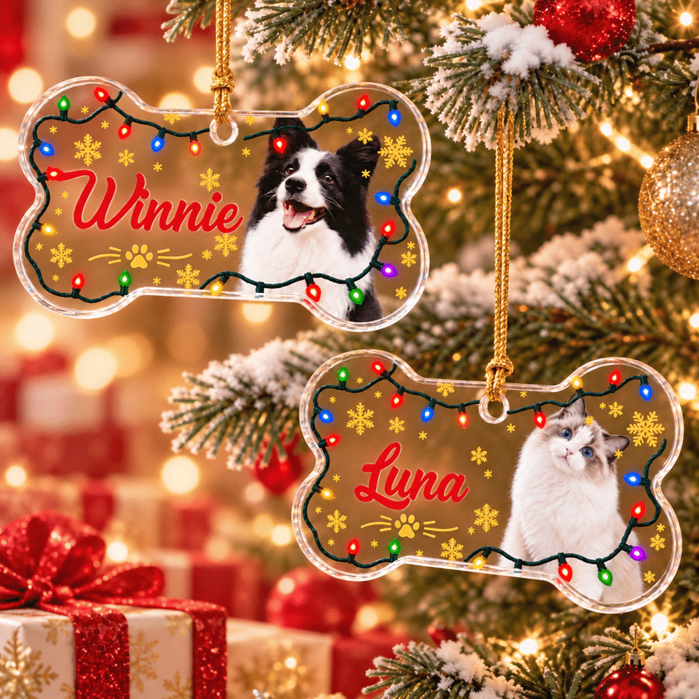 Personalised Christmas String Light Bone Shape Acrylic Ornament with Photo and Name Christmas Tree Decor Holiday Gift for Pet Owners 3