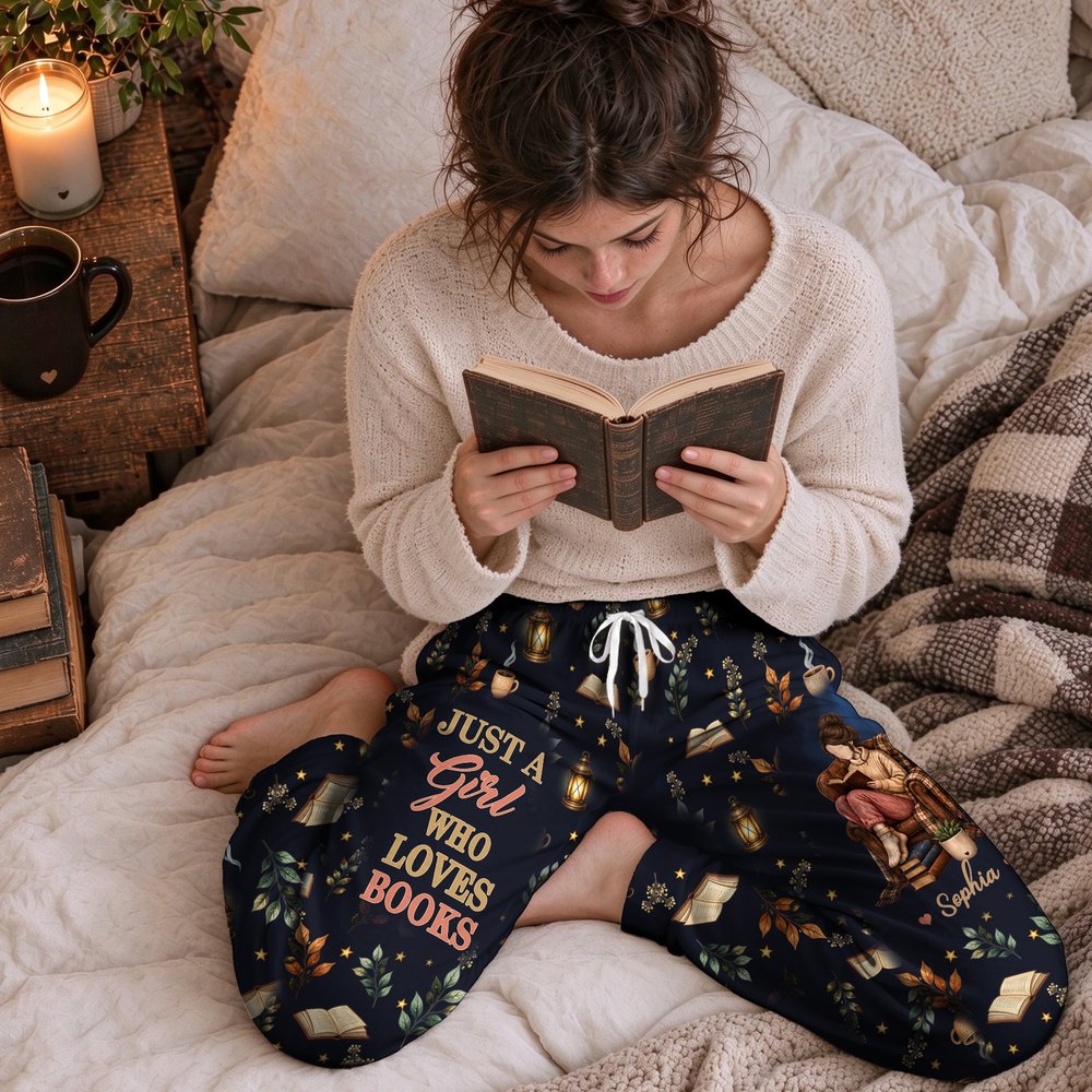 Personalized Bookish Girl Pattern Woman Pajama Pants with Name and Text Daily Wear Christmas Birthday Gift for Book Lover Girl 3