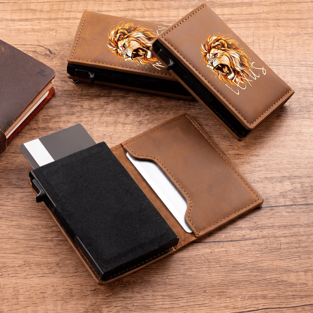 Personalized 3D-Effect Artwork Lion PU Leather RFID Blocking Pop Up Wallet with Name and Gift Box Business Trip Christmas Gift for Man 3
