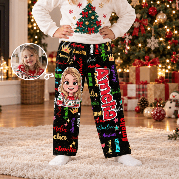 Personalised Cartoon Character Photo Word Cloud Soft Pyjama Bottoms with Name Daily Wear Christmas Gift for Kids Family Friends