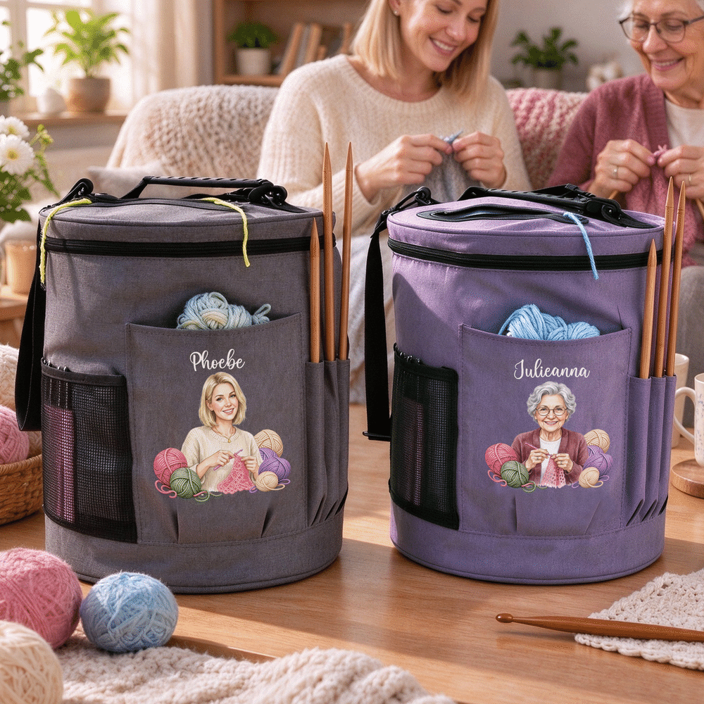 Personalised Crochet Character Photo Large Cylindrical Yarn Storage Bag with Name Daily Use Birthday Christmas Gift for Crochet Lovers Women 3