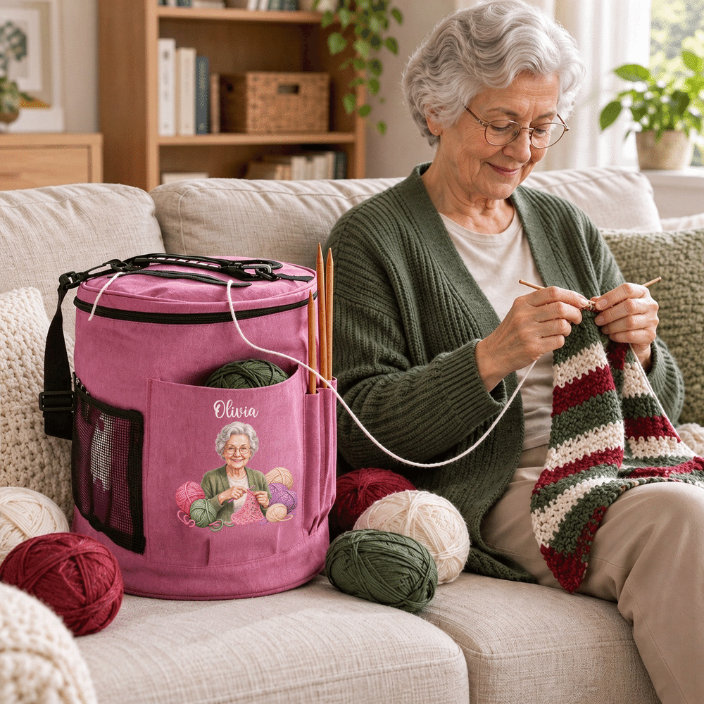 Personalised Crochet Character Photo Large Cylindrical Yarn Storage Bag with Name Daily Use Birthday Christmas Gift for Crochet Lovers Women 4