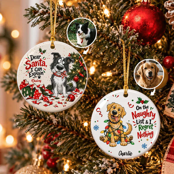 Personalized Cute Naughty Mischievous Pet Photo Ceramic Ornament with Name Pet Party Tree Decor Christmas Gift for Pet Owner