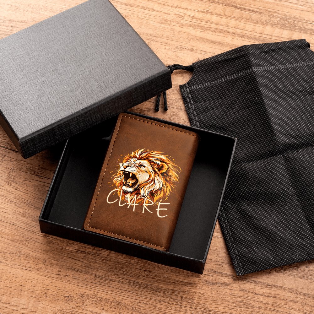 Personalized 3D-Effect Artwork Lion PU Leather RFID Blocking Pop Up Wallet with Name and Gift Box Business Trip Christmas Gift for Man 2