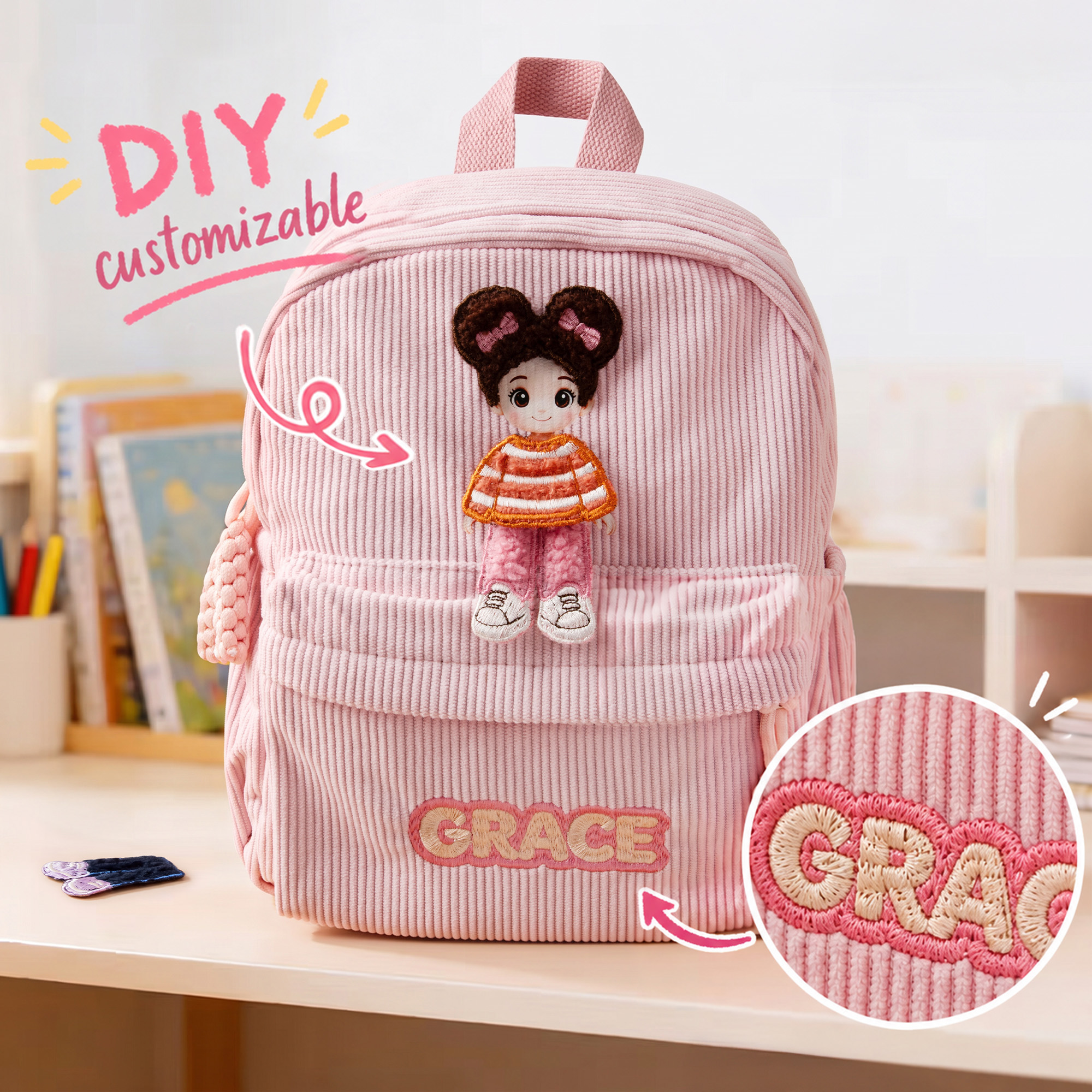 Callie Individuell bestickte Schul-Tasche aus Cord mit austauschbaren unisex