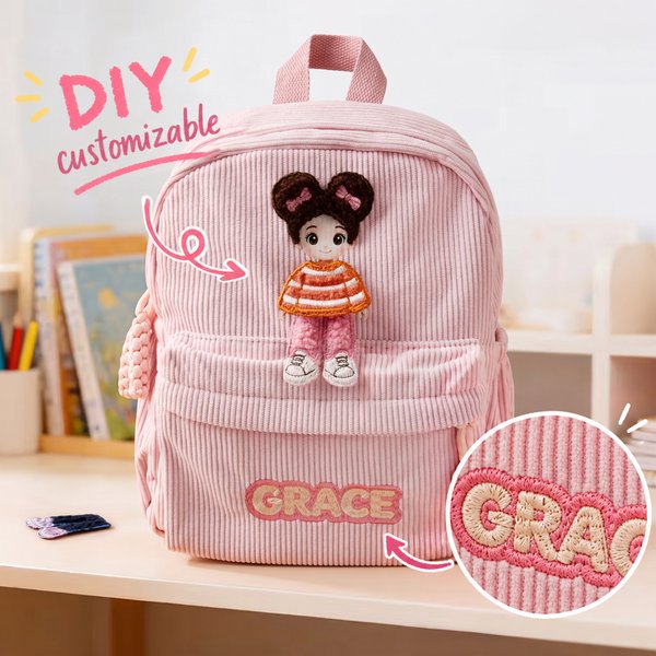 Personalised Embroidery Cartoon Character Interchangeable Outfit Corduroy School Bag with Name Christmas Gift for Girl Student